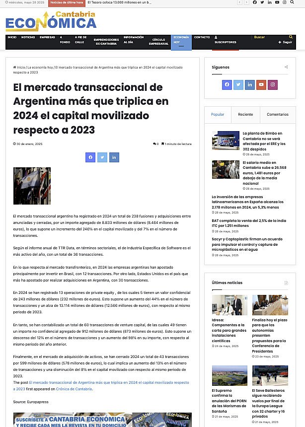 El mercado transaccional de Argentina ms que triplica en 2024 el capital movilizado respecto a 2023